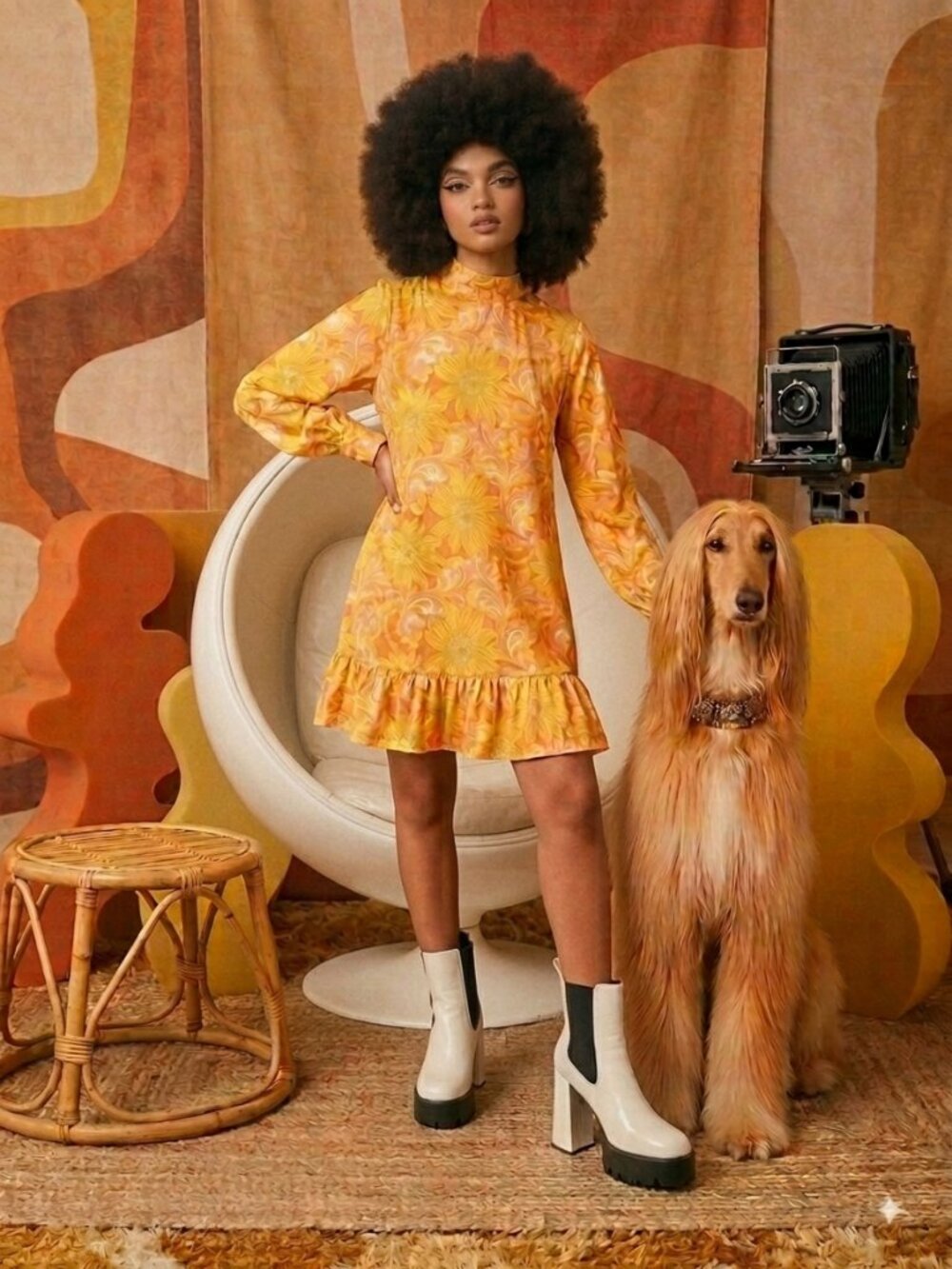 CIDER 70s Retro Floral Mock Neck Mini Dress XL - Picture 3 of 6